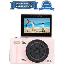 Vothoon 5k 75MP 18X Zoom Flaşlı 3” Flip Ekranlı Türkçe 64GB Kart Dijital Vlog Fotoğraf Makinesi