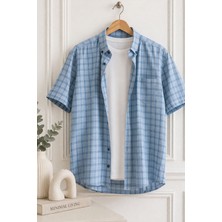 Varetta Erkek Mavi Kısa Kollu Gömlek Büyük Beden Yaka Düğmeli Cepli Yazlık Rahat Kalıp