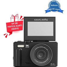 Vothoon 5k 75MP 18X Zoom Flaşlı 3” Flip Ekranlı Türkçe 64GB Kart Dijital Vlog Fotoğraf Makinesi