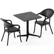 Tilia 2 Kişilik Polipropilen Masa Takımı Siyah File (Moon Katlanır Masa 70X70 cm + Flash-N Kollu Sandalye) - Bahçe, Balkon, Teras, Veranda, Havuz Başı, Dış Mekan, Kafe, Restoran, Otel İçin