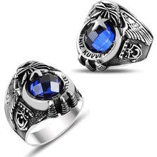 Inure Jewelry Gümüş Ayyıldız Deniz Kuvvetleri Mavi Taşlı Erkek Yüzük