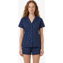 Cottonhill Lacivert Kalp Desenli Yumuşak Dokulu Gömlek Yaka Kadın Şortlu Pijama Takımı
