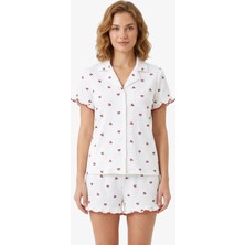 Cottonhill Beyaz Kiraz Desenli Bürümcük Gömlek Yaka Kadın Şortlu Pijama Takımı