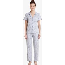 Cottonhill Gri Çiçek Desenli Pointel Gömlek Yaka Kadın Pijama Takımı