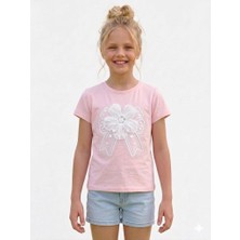 Rapapa Kız Çocuk Pembe Crop Tişört - Inci ve Tül Çiçek Detaylı Yazlık T-SHIRT-4334