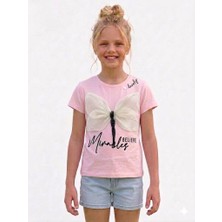 Ay Kids Kız Çocuk Pembe Tül Kanatlı Yusufçuk Nakışlı Kısa Kollu T-shirt-4314