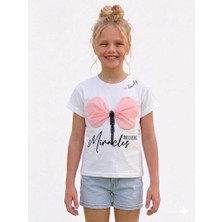 Rapapa Kız Çocuk Beyaz Tül Kanatlı Yusufçuk Nakışlı Kısa Kollu T-SHIRT-4314