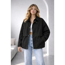 Siyah Oversize Kadife Yaka ve Çıtçıt Detaylı Unisex Mevsimlik Mont&ceket