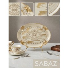 Sabaz 4 Adet Gül Ağacı Tepsi Seti - Sunum Tepsisi - Altın ve Eskitme Detaylı Servis Tepsisi (30 x 22)