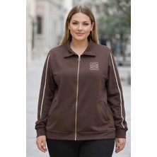 Rmg Büyük Beden Kolu Şeritli Oyşho Kumaş Sweatşhirt Kahverengi