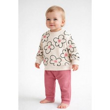 Dinamik çocuk Kız Bebek Büyük Çiçek Desenli 2’li Takım Sweatshirt ve Fitilli Tayt- 3-6-9-12AY