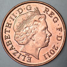 Banknoting Birleşik Krallık 1 Penny 2011 Kraliçe Iı. Elizabeth. Ingiltere 20.3 mm Çilaltı.