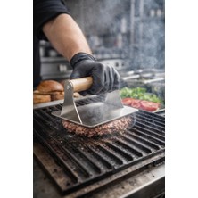 Mutsan 18/10 Paslanmaz Çelik Kare Burger Presi | Ahşap Saplı Smasher | Izgara Aksesuarı | Tost Presi | Ø 12 cm
