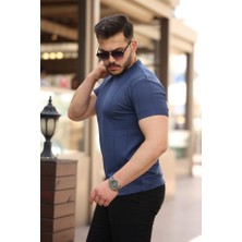 Meğdaix Erkek Ince Çizgi Dokulu Bisiklet Yaka Kısa Kollu T-Shirt