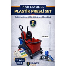 Umbex Plus-Çift Kovalı Plastık Araba Plastık Presli 20 Mop Setlı Paspas Arabası