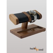 Hemm Ikili El Yapımı Ahşap Saat ve Takı Standı – Büyük Boy Deri Yastıklı Bileklik Sergileme Ünitesi – Ipeksi Mat Vernikli