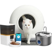 Haustier CB001 Gri Kedi Tuvaleti QQ003 Beyaz Mama Kabı WF009LS-M Kedi Su Pınarı 3 Lü Set Haustier Türkiye Garantili