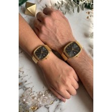 Oqqo Helios Dikdörtgen Kasa Siyah Kadran Gold Kordon Takvim Detaylı Çift Saati