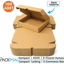 PackMai 17X17X4 cm Kraft Kilitli Karton Kutu 100 Adet | E-Ticaret Gönderi, Hediye ve Ürün Kutusu