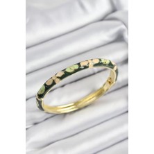 Uravas Store Mineli Pirinç Krem Yeşil Çiçek Motifli Gold Renk Kadın Kelepçe - TJ-BB7400