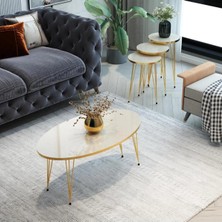 Mooncapella 4’lü Modern Gold Detaylı Metal Ayaklı Orta Sehpa & Zigon Sehpa Seti – Krem