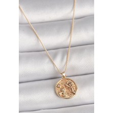 Uravas Store Pirinç Gold Renk Zirkon Taş Detaylı Gül Işleme Madalyon Model Kadın Kolye - TJ-BKO9816