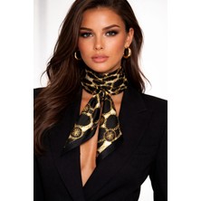 Mavi Masal Siyah Zincir Desenli Tropikal Kadın Fular