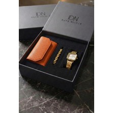 Duke Nickle Zincir Bileklikli Altın Metal Kordon Kare Kadın Kol Saati Turuncu Cüzdan Kutulu Hediye Seti