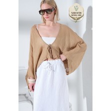 Maule %100 Keten Yarasa Kol Bağcıklı Rahat Kalıp Kimono Bluz @kinos