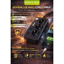 Crow'S Tech Termal Akım Korumalı 3 Priz 2 USB 1 Type-C Girişli 2m Kablolu Üçlü Priz