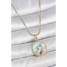 Uravas Store Çelik Gold Renk Zincir Mineli Inci Çiçek Işlemeli Zirkon Taş Detaylı Madalyon Model Kadın