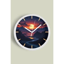 JHAAR Gün Batımı Nehir ve Dağ Modern Duvar Saati - Orta Boyut 25 cm - Beyaz Kasa - Camlı Sessiz