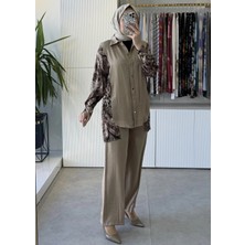 Tığ Triko Leopar Desen Kombinli Dokuma Gömlek Pantolon Takım 5102 Camel