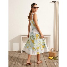 Gizelia Kare Yaka Limon Desenli Ip Askılı Midi Boy Pamuklu Elbise