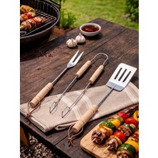 Padilon Ahşap Saplı Barbekü Mangal Seti 3 Parça