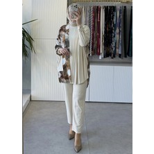 Tığ Triko Asimetrik Kesim Suluboya Emprime 3'lü Takım 3052 Bej