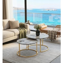 Mooncapella 2’li Orta Sehpa Seti – 60 & 75 cm – Gold Metal Ayaklı-Mermer Görünümli Gri