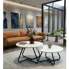 Mooncapella 2’li Yuvarlak Orta Sehpa Seti Metal Siyah Ayaklı Beyaz