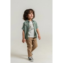 Bontino Erkek Çocuk %100 Pamuk 3'lü Takım Nakışlı Gömlek Baskılı Tişört ve Likralı Pantolon