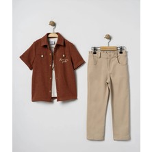 Bontino Erkek Çocuk %100 Pamuk 3'lü Takım Nakışlı Gömlek Baskılı Tişört ve Likralı Pantolon