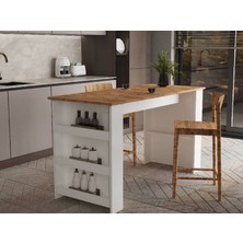 Alfimo Mobilya Vegas Bar Masası Raflı Geniş Mutfak Yemek Masası Beyaz & Atlantik Çam