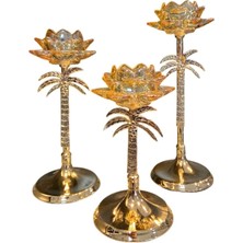 Palmiye Detaylı Lotus Cam Mumluk 3’lü Set – Gold & Gümüş Renk Seçenekleri | Lüks Dekoratif Şamdan