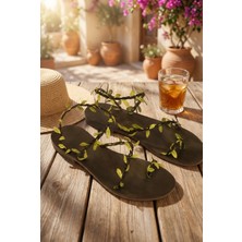 Türkbükü Sandalet Hakiki Deri Sarmaşık Yaprak Detaylı Bodrum Sandaleti - Siyah Sarmaşık 60K