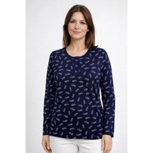 Mutlu City Kadın Desenli Yuvarlak Yaka Rahat Kesim Orta Yaş ve Üzeri Anne Penye Bluz 8602