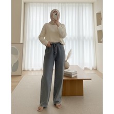 Moda Morfo Beli Lastikli Cepli Bol Paça Kot Pantolon   -Füme
