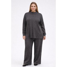 BezeXL Büyük Beden Düz Önü Dikişli Triko Ikili Takım Gri