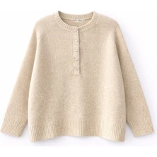 Mixray 7004 Kadın Düğmeli Basic Triko Kazak Bej