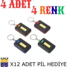 4 Adet Cob LED Anahtarlık Fener Seti – 4 Renk Mini El Feneri + 12 Adet Aaa Pil Hediye | Güçlü Aydınlatma, Taşınabilir
