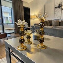 Sleep Nova Lotus Kristal Dekoratif Şamdan Mumluk Gold Beyaz Mermer Desenli Salon Masa Dekoru