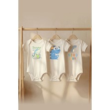 Pamuk Saray Organik %100 Pamuklu 3'lü Set Sevimli Dinozorlar Baskılı Kısa Kollu Çıtçıtlı Bebek Body Badi Zıbın